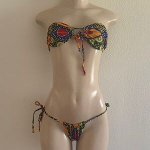 Skimpy Colorful Bikini Set Bandeau Tie-Front  in Multicolor Print - Women Swim S